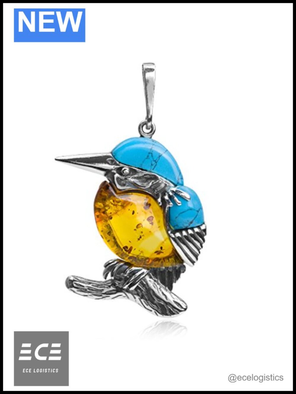 Sterling Silver Amber Turquoise Kingfisher Bird Pendant Necklace